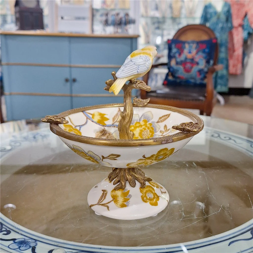 Danny's Fine Porcelain Porcelain Bird Dish With Bronze Ormolu - Yellow Floral 60416 - Image 4