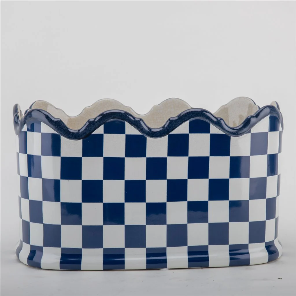 Danny's Fine Porcelain PORCELAIN PLANTER- BLUE AND WHITE CHECKER 14275 - Image 3
