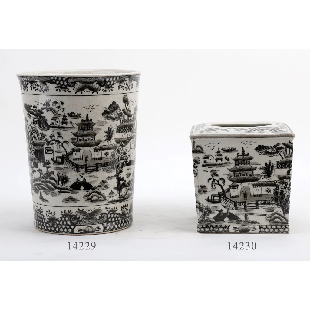 Danny's Fine Porcelain Porcelain Round Waste Bin In Black And White Willow Pattern 14229 - Image 7