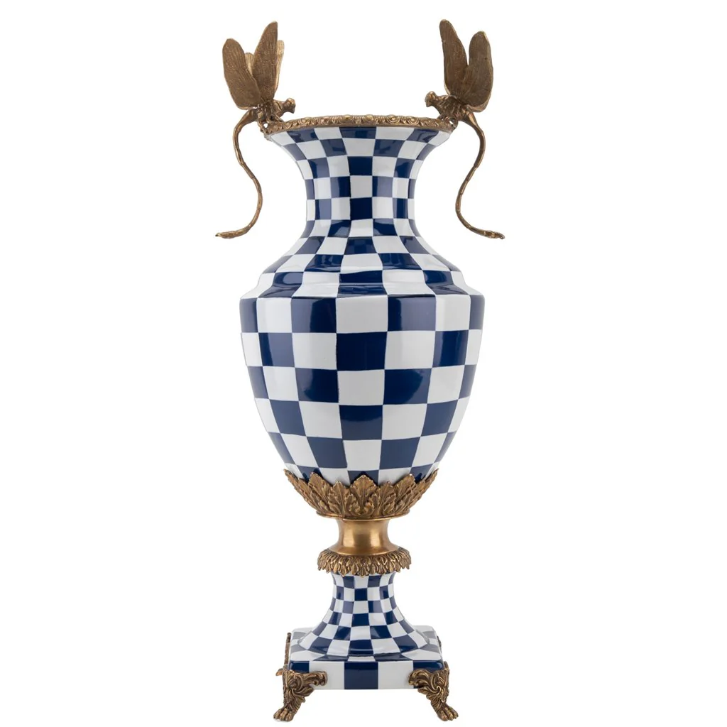 Danny's Fine Porcelain Porcelain Vase With Bronze Ormolu And Dragonfly - Blue And White Checker 14277