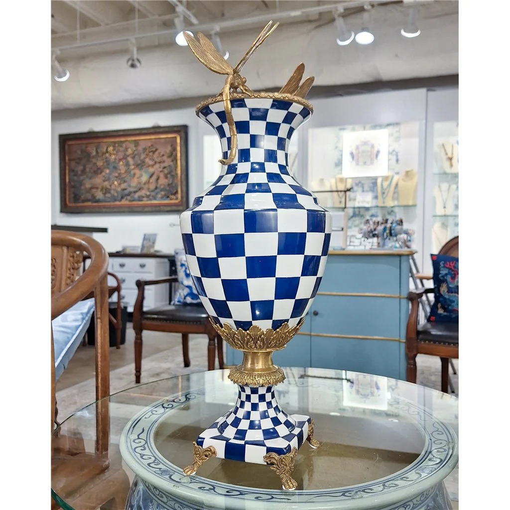 Danny's Fine Porcelain Porcelain Vase With Bronze Ormolu And Dragonfly - Blue And White Checker 14277 - Image 2