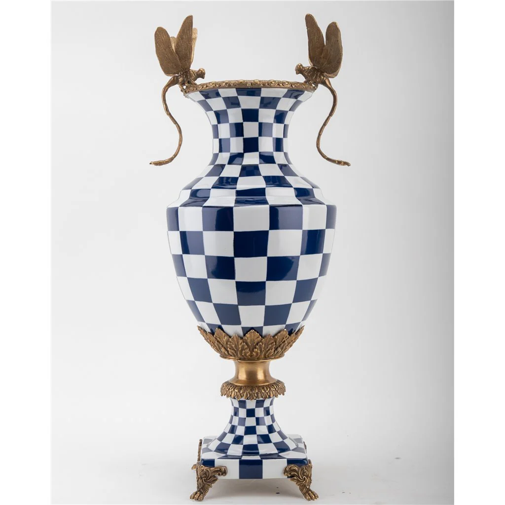 Danny's Fine Porcelain Porcelain Vase With Bronze Ormolu And Dragonfly - Blue And White Checker 14277 - Image 3