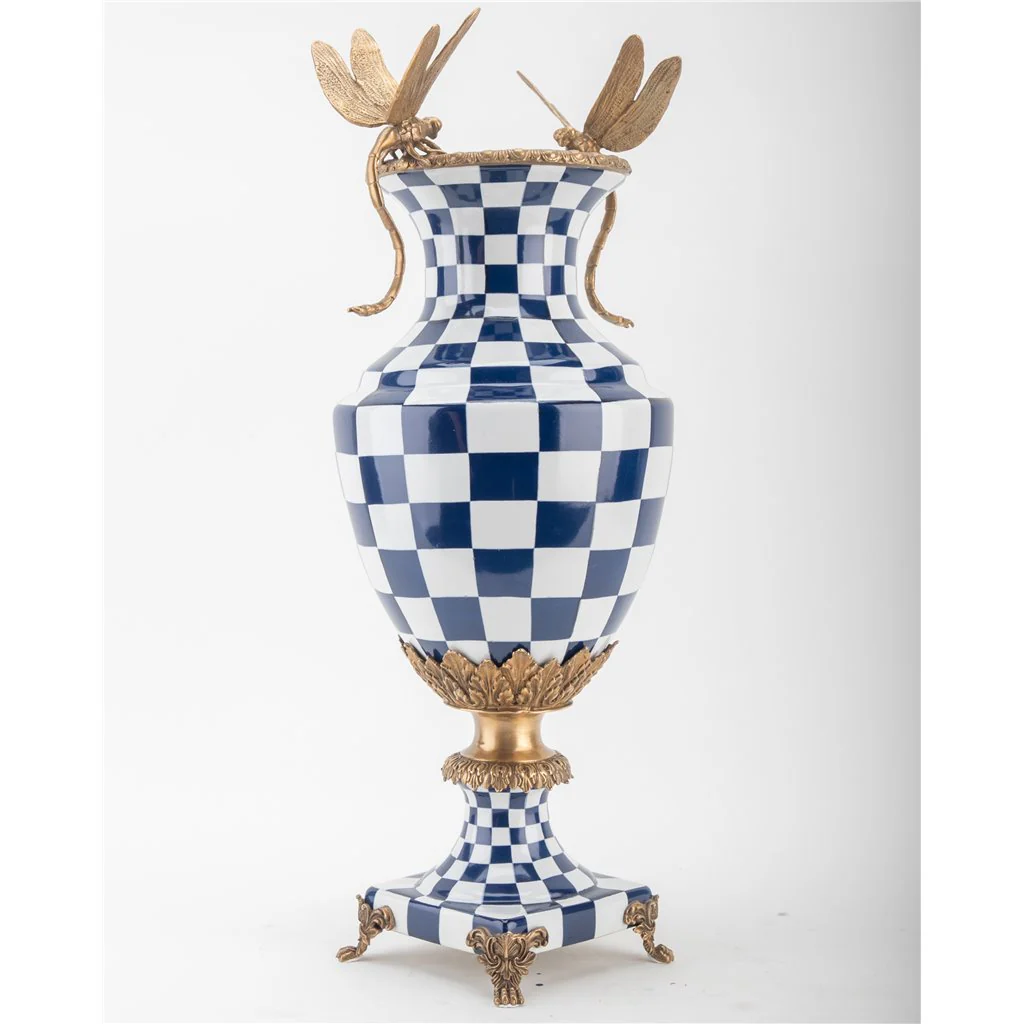 Danny's Fine Porcelain Porcelain Vase With Bronze Ormolu And Dragonfly - Blue And White Checker 14277 - Image 4