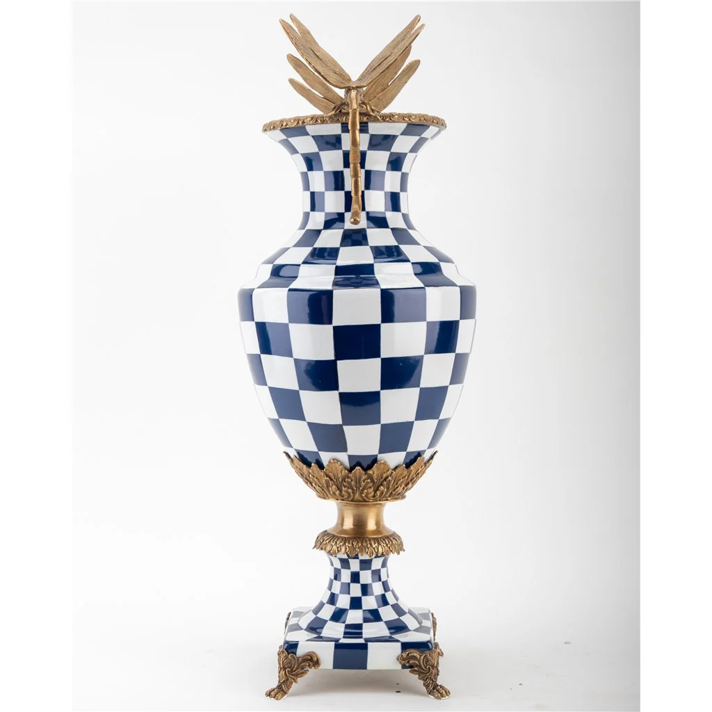 Danny's Fine Porcelain Porcelain Vase With Bronze Ormolu And Dragonfly - Blue And White Checker 14277 - Image 5