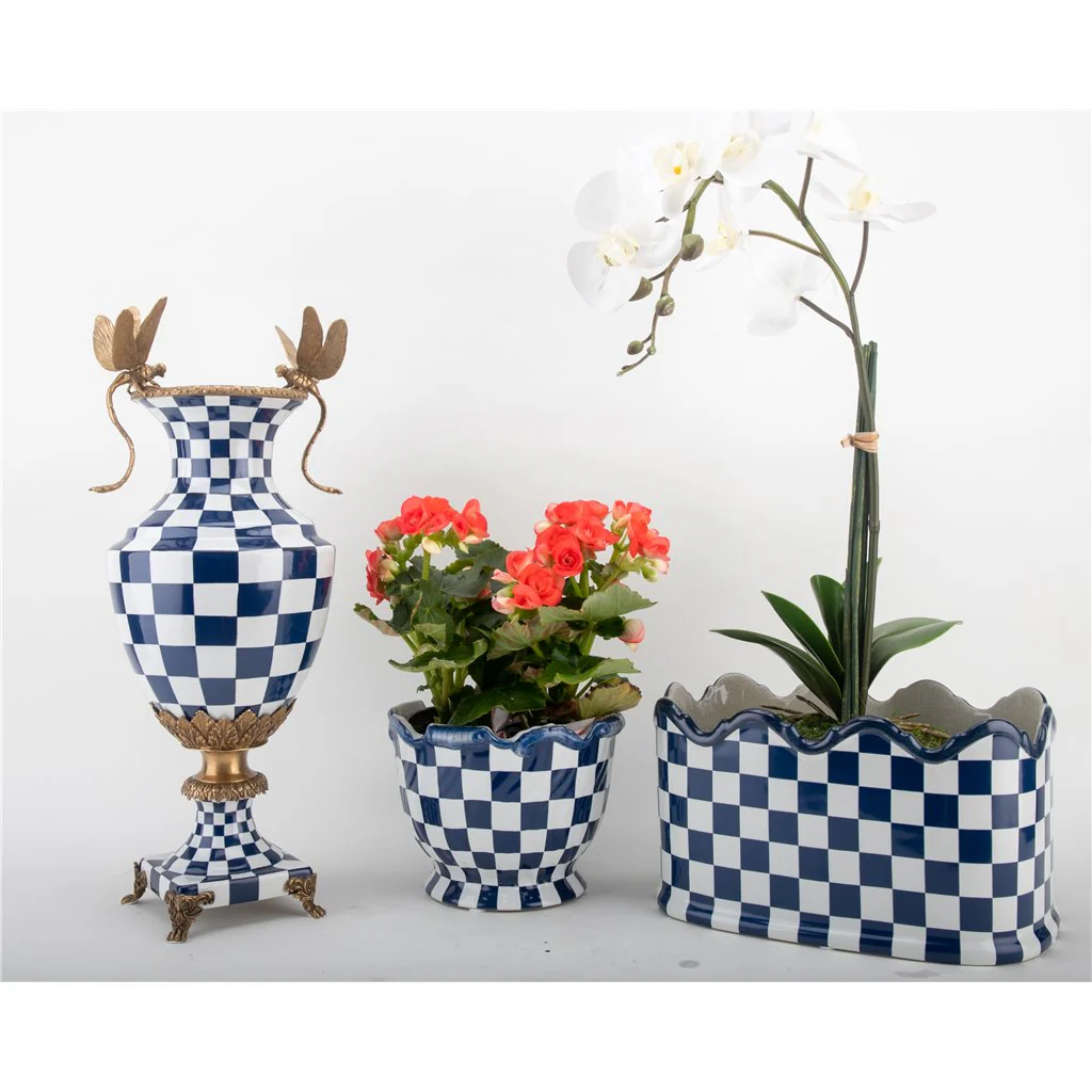 Danny's Fine Porcelain Porcelain Vase With Bronze Ormolu And Dragonfly - Blue And White Checker 14277 - Image 6
