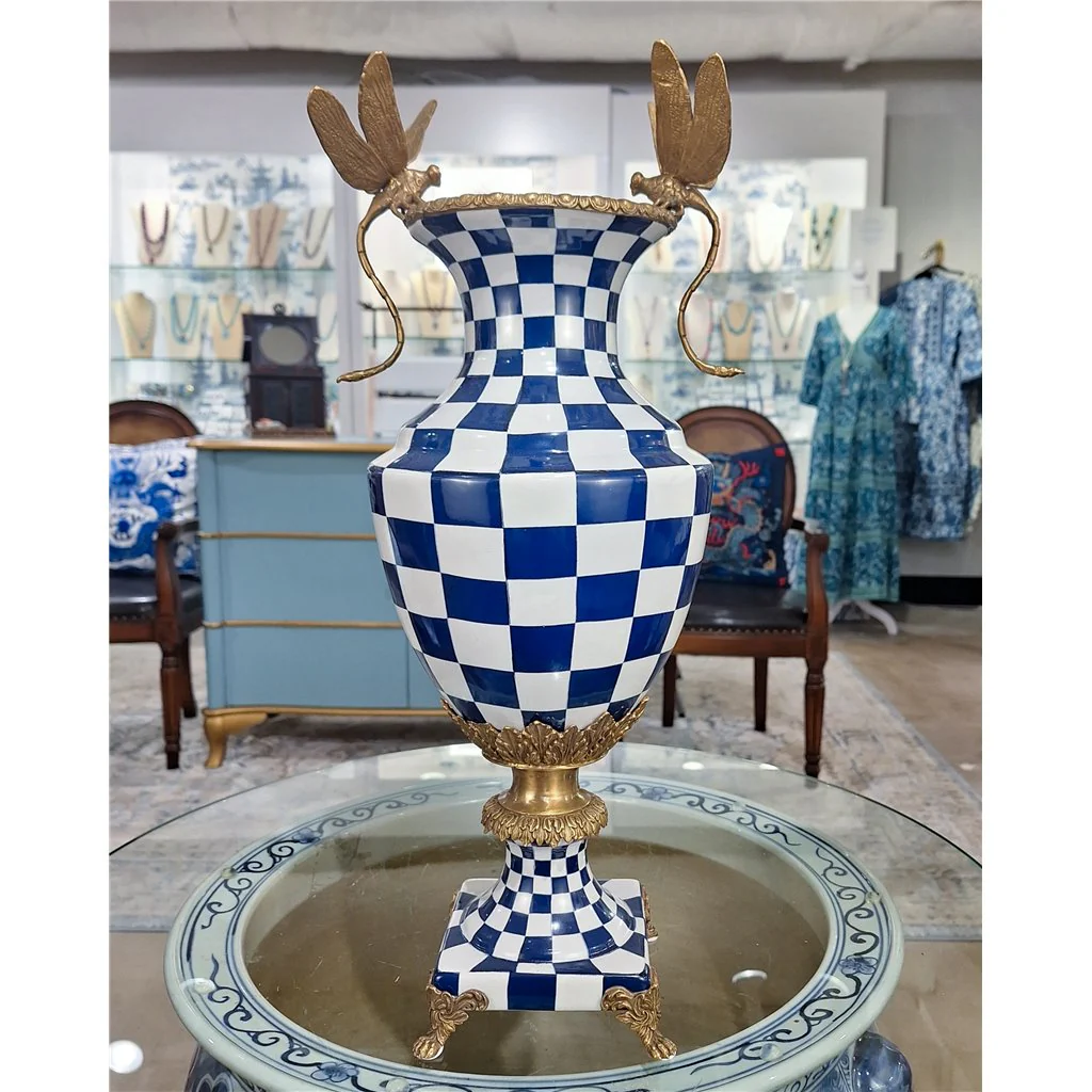 Danny's Fine Porcelain Porcelain Vase With Bronze Ormolu And Dragonfly - Blue And White Checker 14277 - Image 9