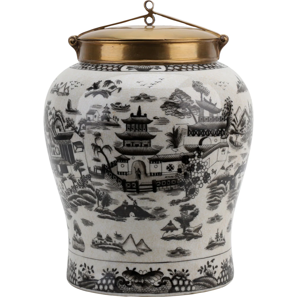 Danny's Fine Porcelain Porcelain Warrior Jar With Bronze Lid - Black And White Willow 14233