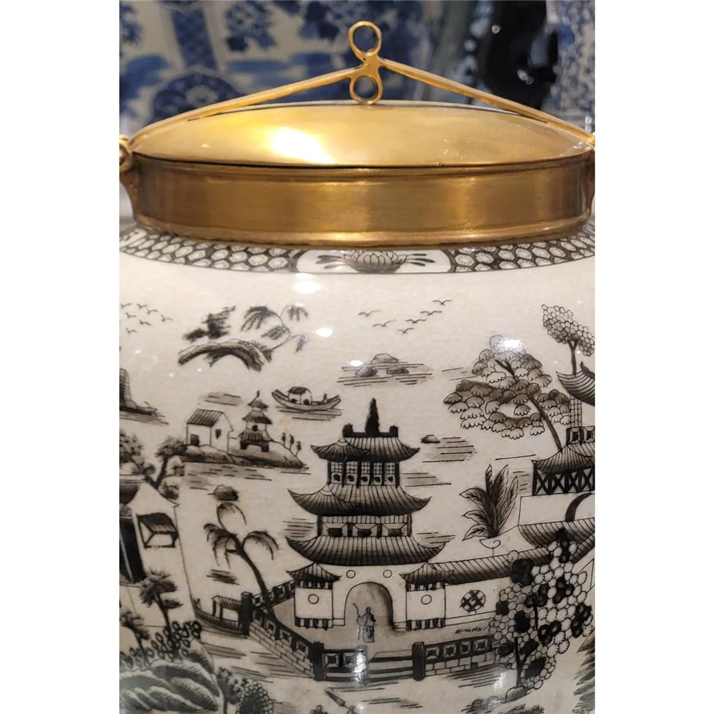 Danny's Fine Porcelain Porcelain Warrior Jar With Bronze Lid - Black And White Willow 14233 - Image 12