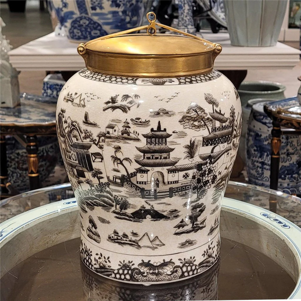 Danny's Fine Porcelain Porcelain Warrior Jar With Bronze Lid - Black And White Willow 14233 - Image 2