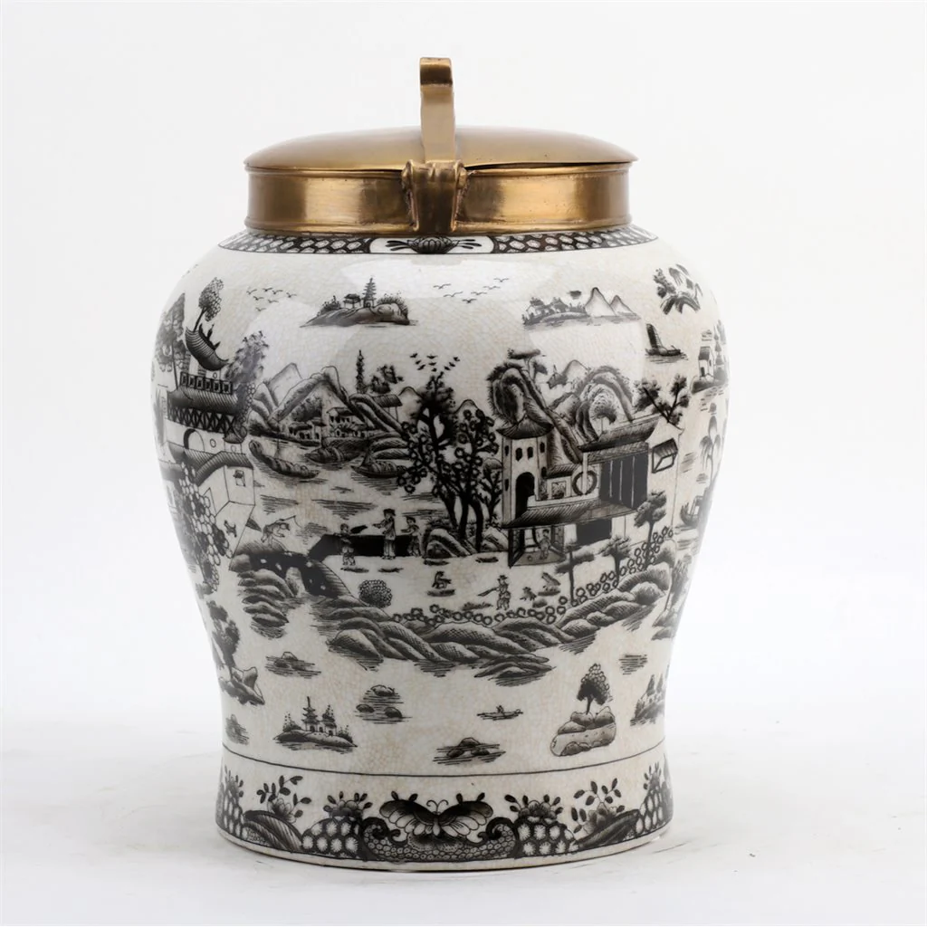 Danny's Fine Porcelain Porcelain Warrior Jar With Bronze Lid - Black And White Willow 14233 - Image 3