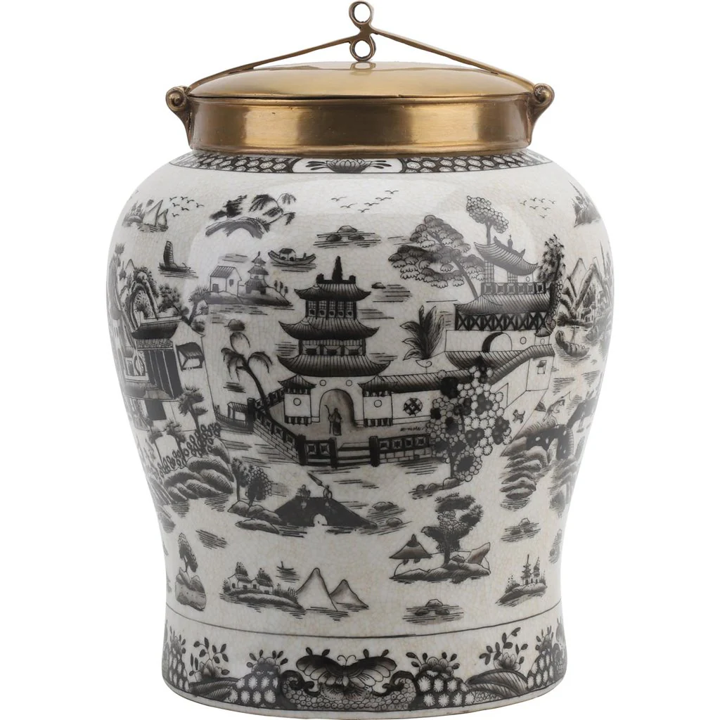 Danny's Fine Porcelain Porcelain Warrior Jar With Bronze Lid - Black And White Willow 14233 - Image 4