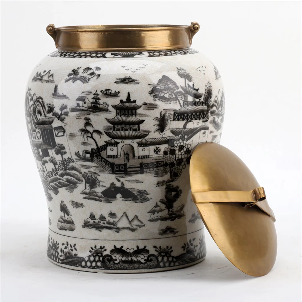 Danny's Fine Porcelain Porcelain Warrior Jar With Bronze Lid - Black And White Willow 14233 - Image 5