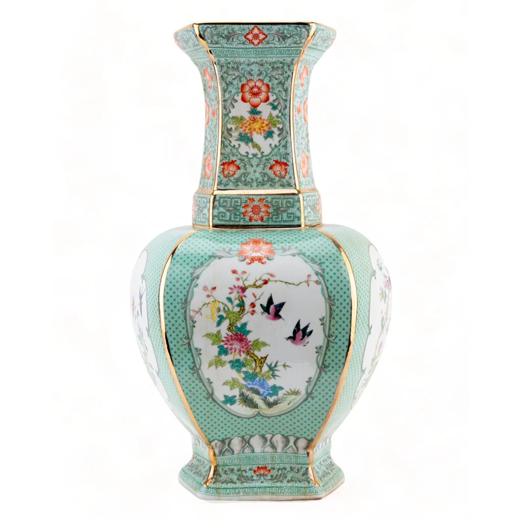 Danny's Fine Porcelain Rectangular Palace Vase Green Bird 51130