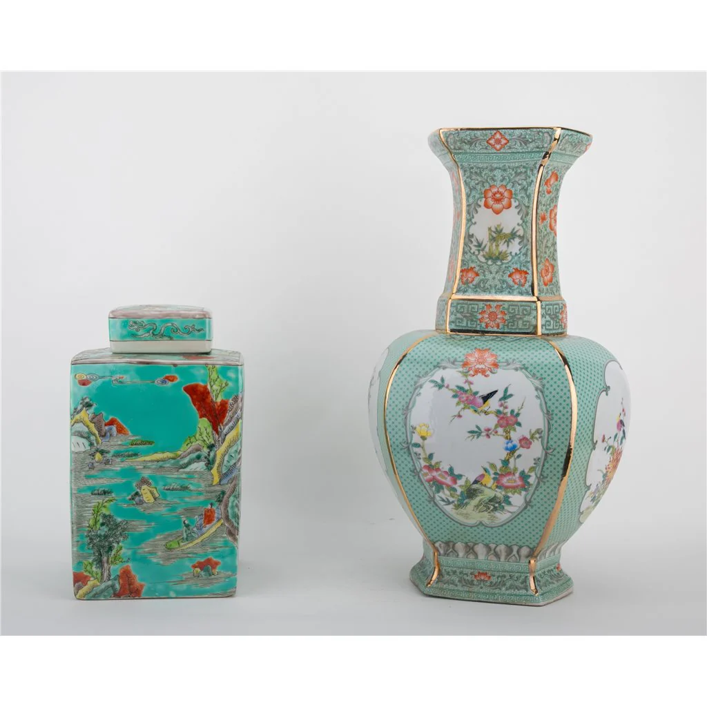 Danny's Fine Porcelain Rectangular Palace Vase Green Bird 51130 - Image 10