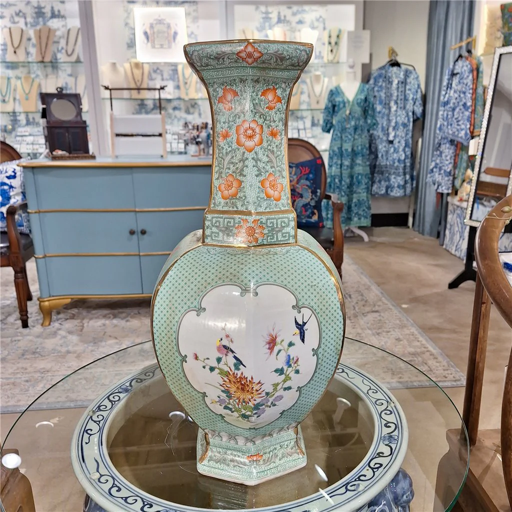 Danny's Fine Porcelain Rectangular Palace Vase Green Bird 51130 - Image 17