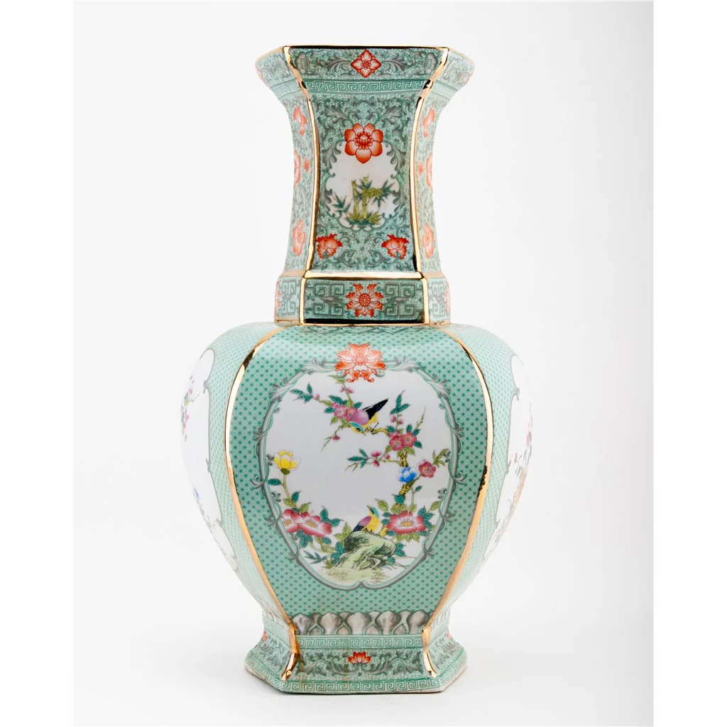 Danny's Fine Porcelain Rectangular Palace Vase Green Bird 51130 - Image 6