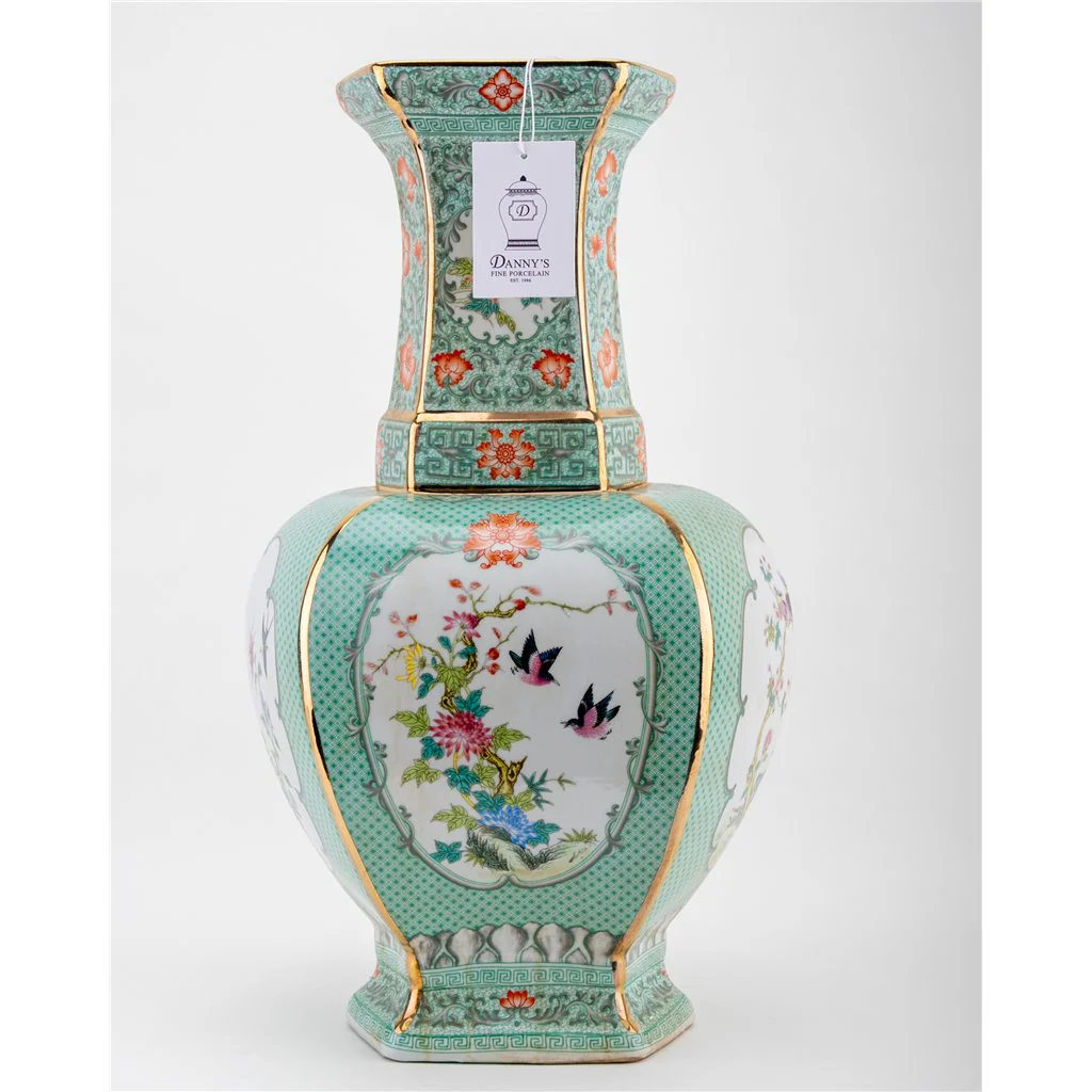 Danny's Fine Porcelain Rectangular Palace Vase Green Bird 51130 - Image 8