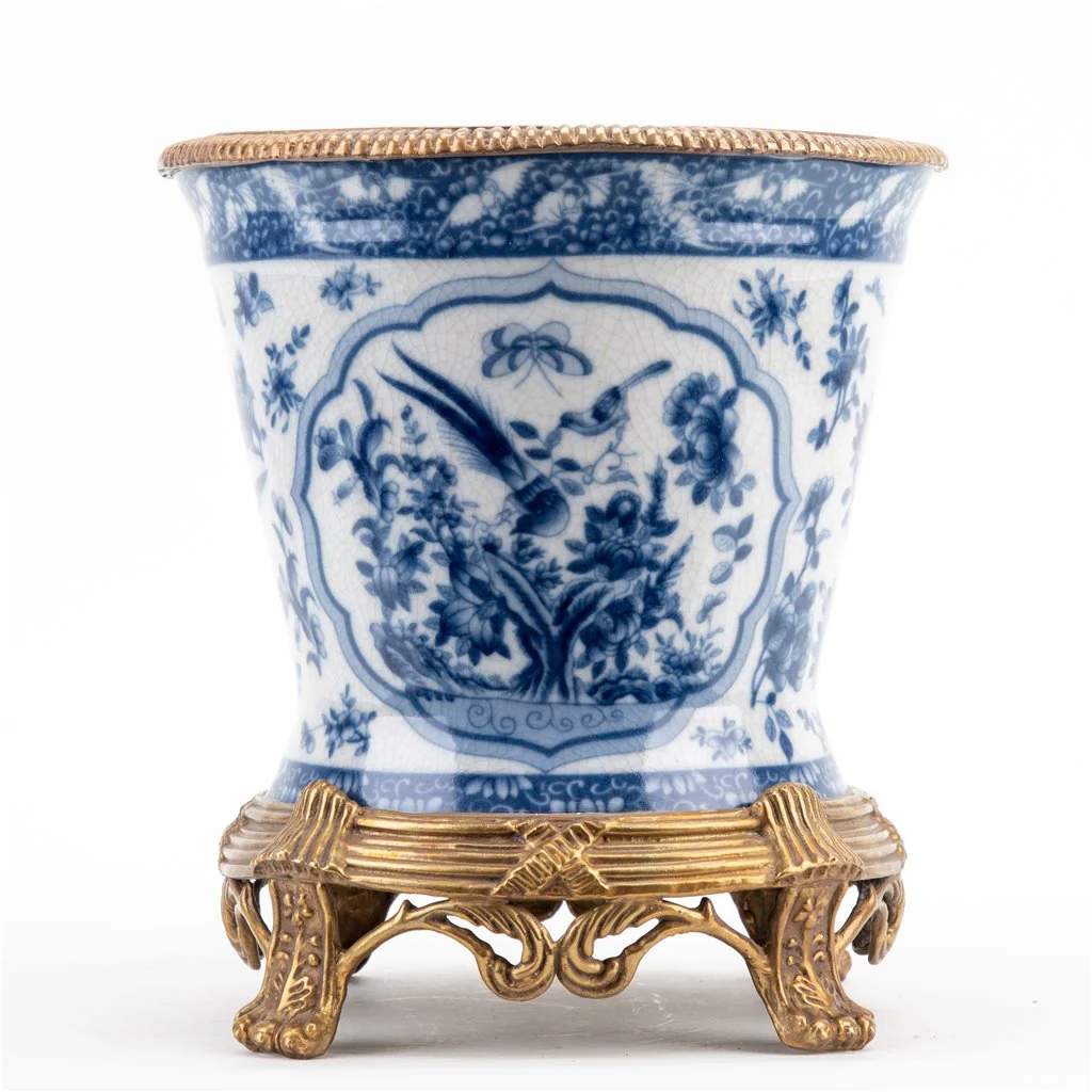 Danny's Fine Porcelain Round Metal Planter - B/W Birds 11557