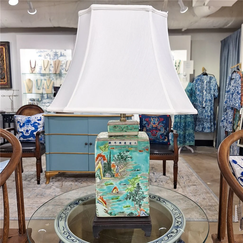 Danny's Fine Porcelain Square Lidded Jar Lamp Teal Green Scenery 51179-L - Image 2