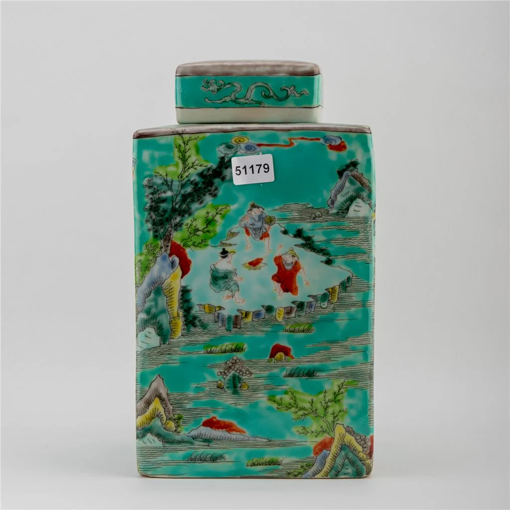 Danny's Fine Porcelain Square Lidded Jar Teal Green Scenery 51179 - Image 12