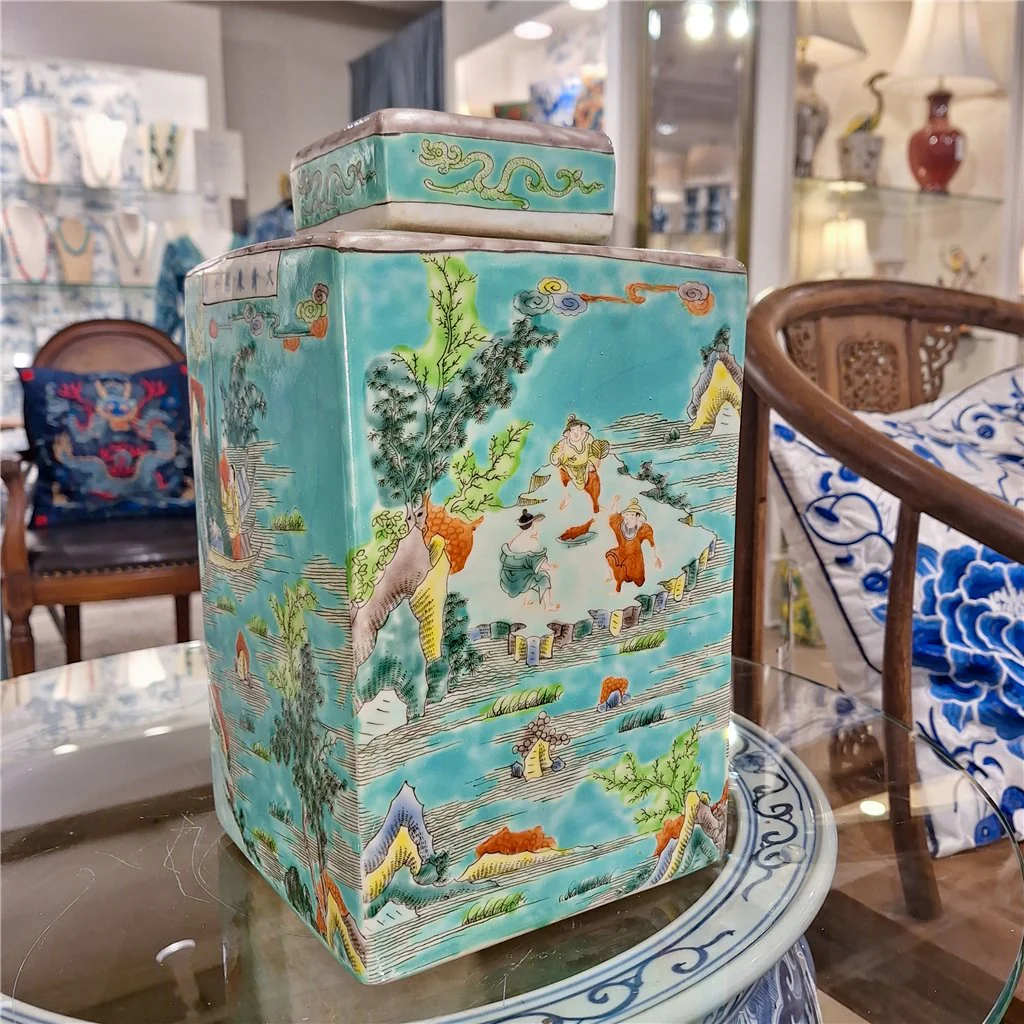 Danny's Fine Porcelain Square Lidded Jar Teal Green Scenery 51179 - Image 15