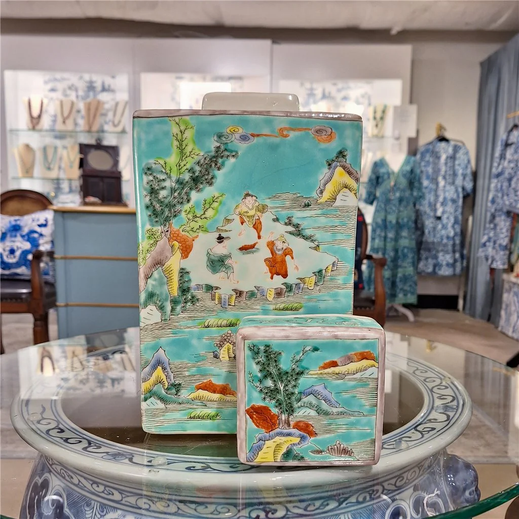 Danny's Fine Porcelain Square Lidded Jar Teal Green Scenery 51179 - Image 17