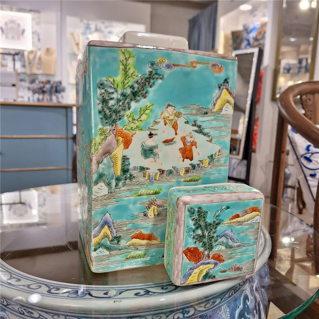 Danny's Fine Porcelain Square Lidded Jar Teal Green Scenery 51179 - Image 18