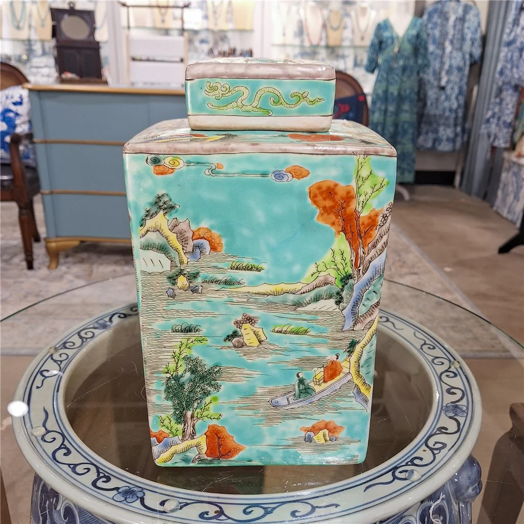 Danny's Fine Porcelain Square Lidded Jar Teal Green Scenery 51179 - Image 19