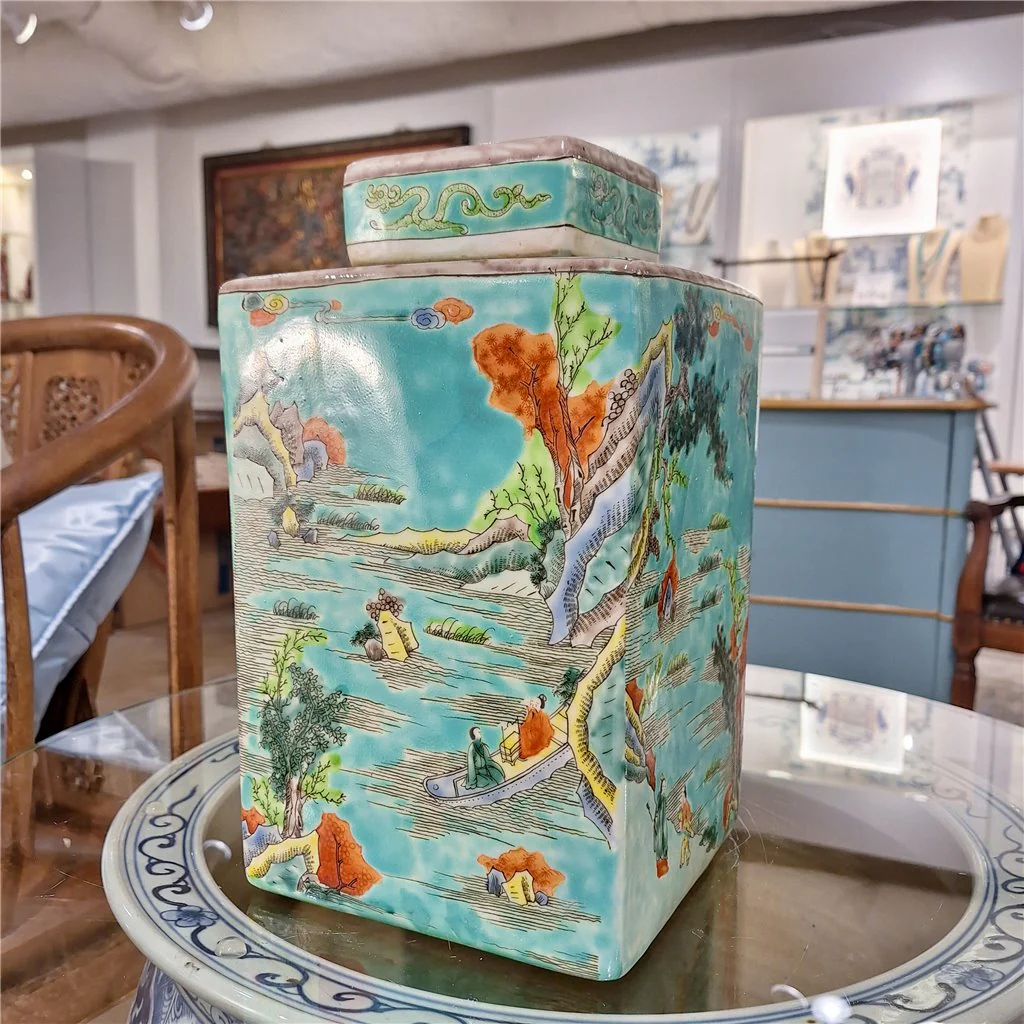 Danny's Fine Porcelain Square Lidded Jar Teal Green Scenery 51179 - Image 20