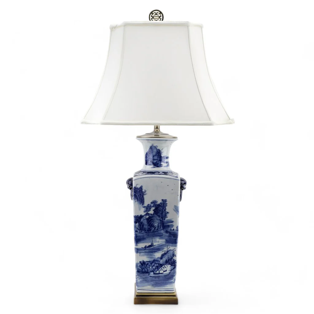 Danny's Fine Porcelain Square Vase Lamp - Scenery Blue And White Classic - Brass Base (111-19-Be) 50763-LG