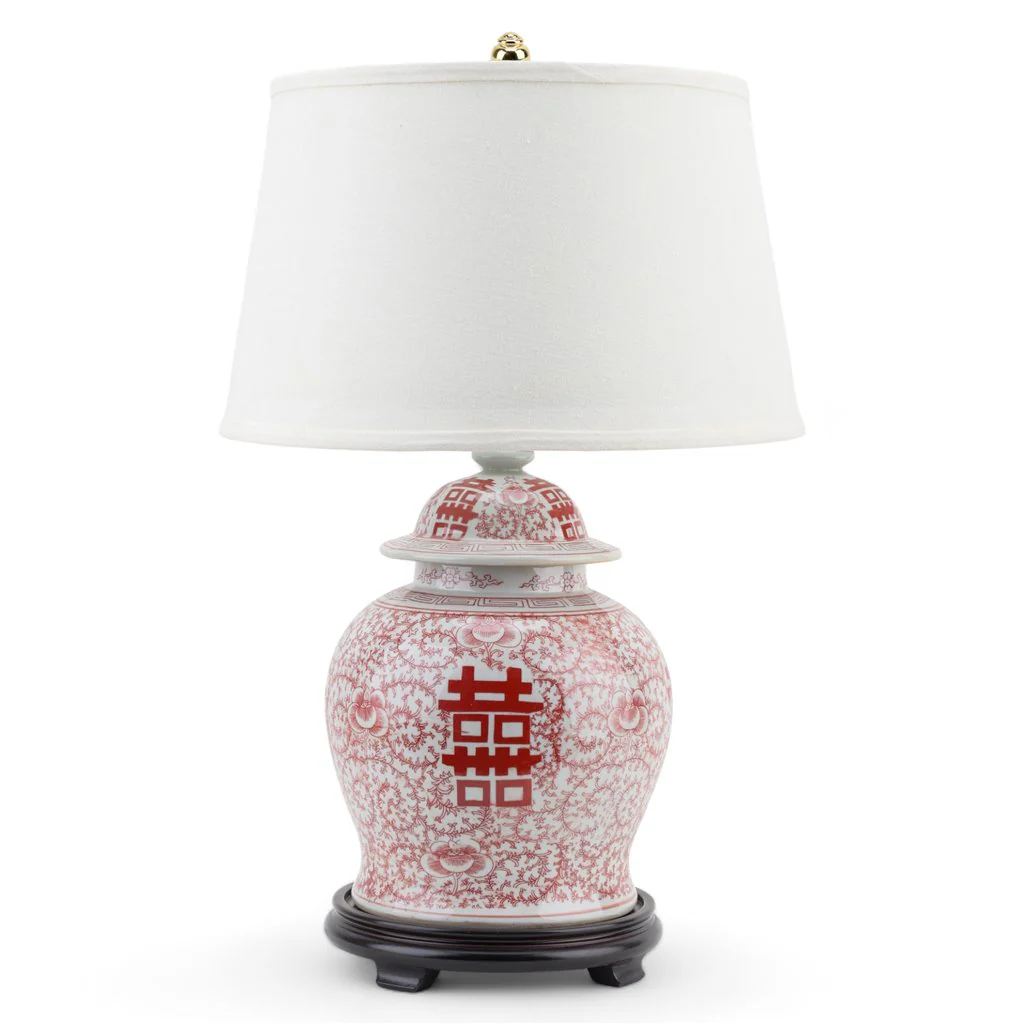 Danny's Fine Porcelain Temple Jar Lamp - Double Happiness (Salmon Color) (Shade: 2-830-15) 50949-L
