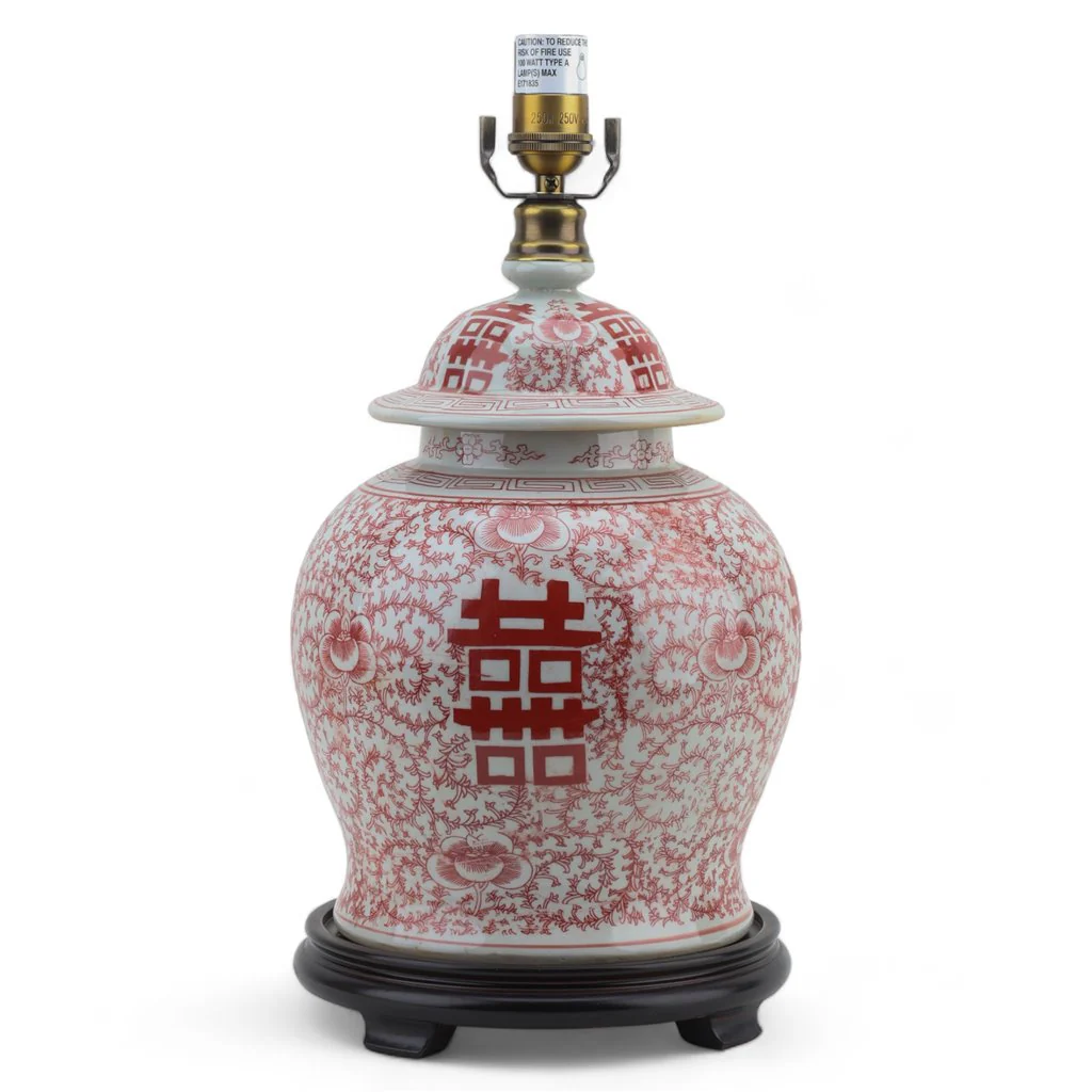 Danny's Fine Porcelain Temple Jar Lamp - Double Happiness (Salmon Color) (Shade: 2-830-15) 50949-L - Image 3