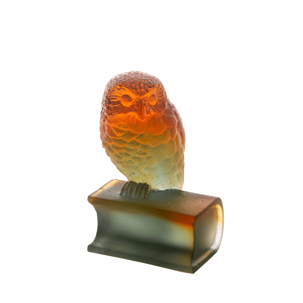 Daum Crystal Amber Grey Owl On Book