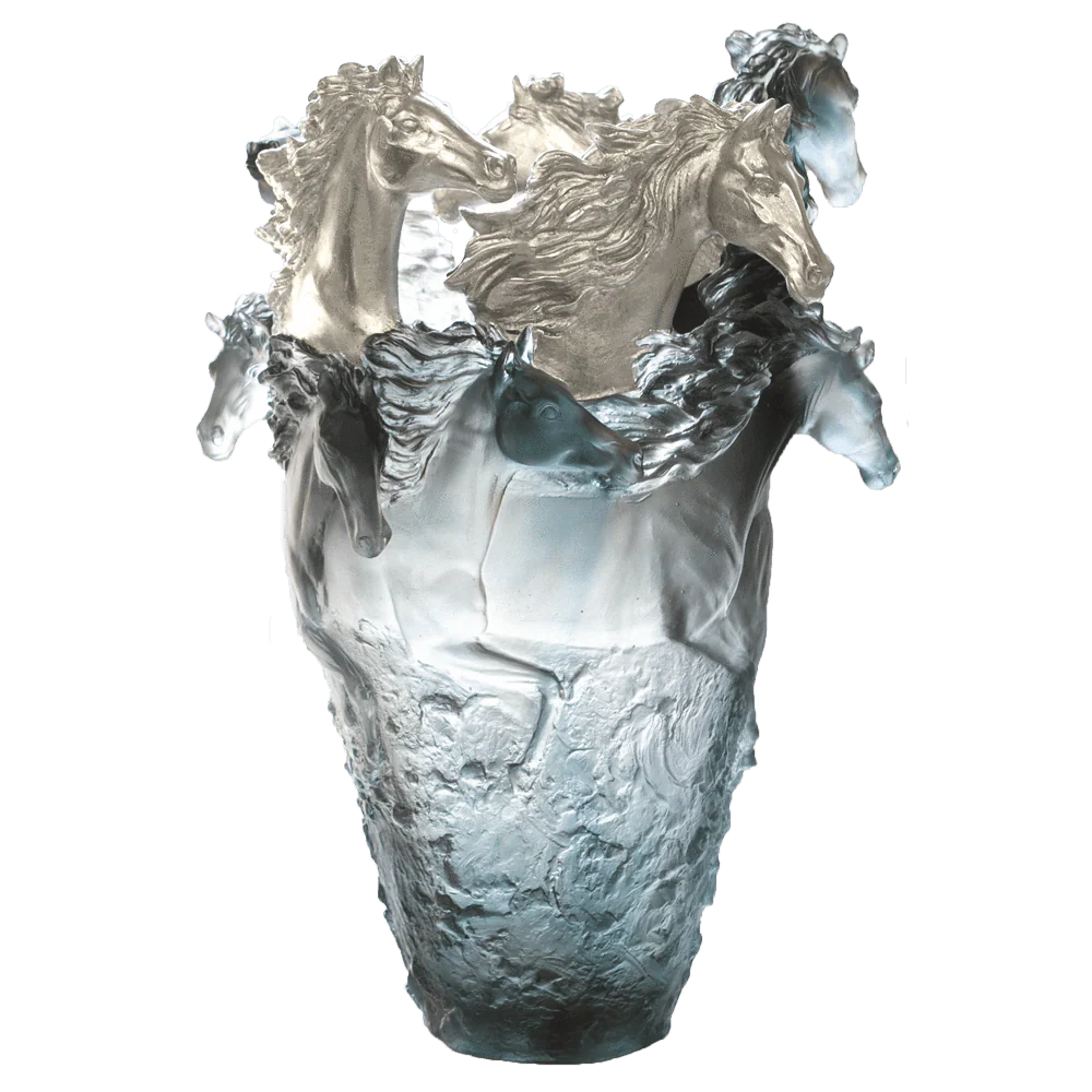 Daum Crystal Grey Blue Horse Magnum Vase 25ex