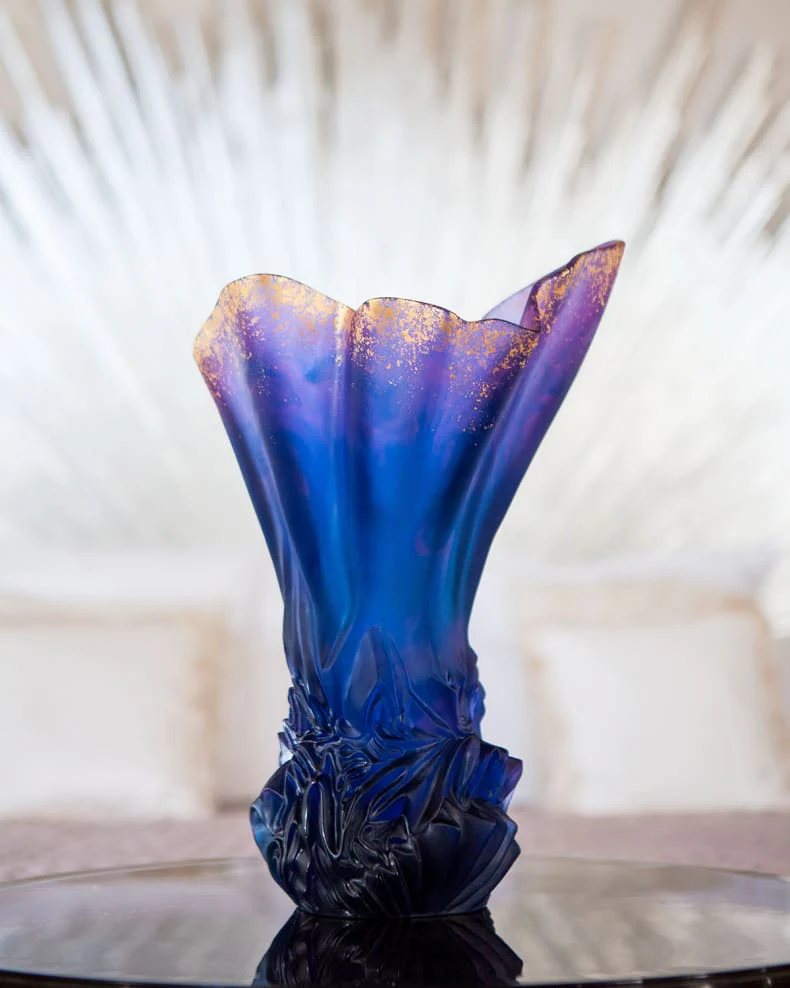 Daum Crystal Large Midnight Blue Gilded Draped Vase Croisiere - Image 4