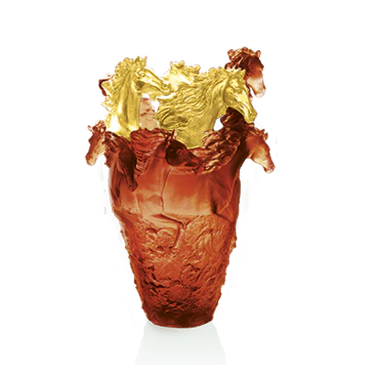 Daum Crystal Magnum Horse Vase in Amber & Gold