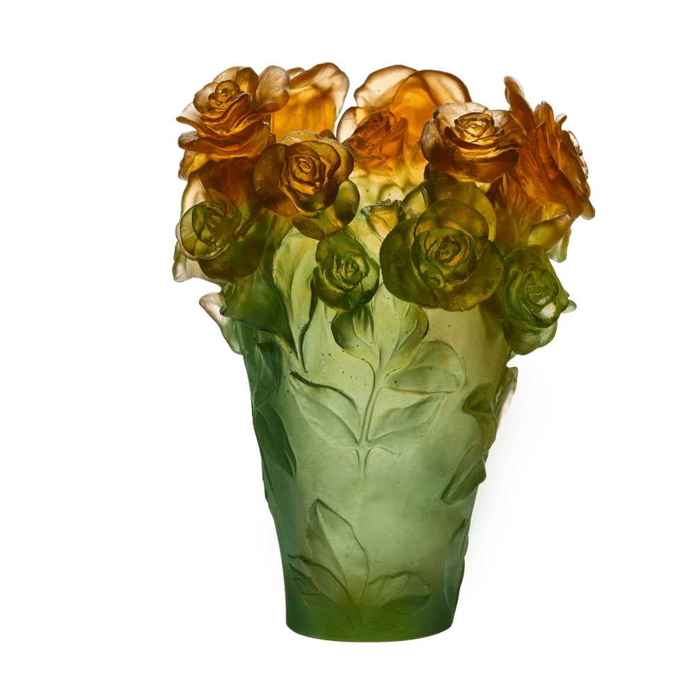 Daum Crystal Rose Passion Vase- Green Orange - Image 2