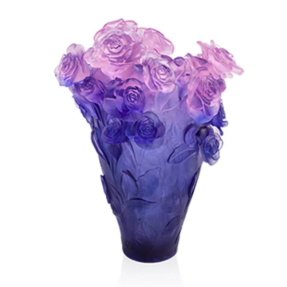 Daum Crystal Rose Passion Pink and Blue Magnum Vase