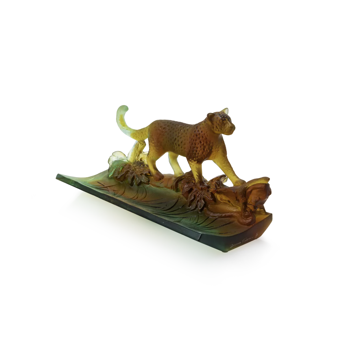 Daum Crystal Tropical Leopard Pencil Holder in Amber & Green