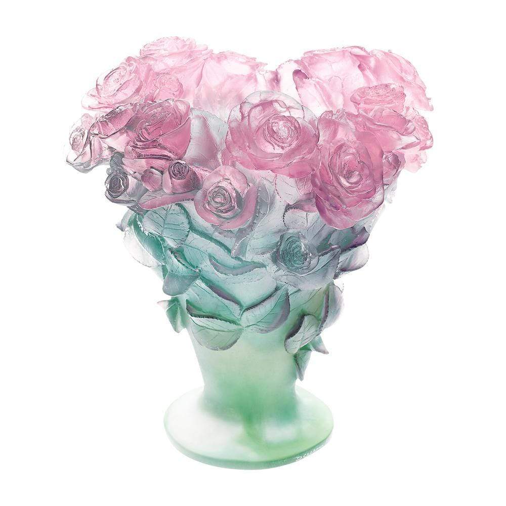 Daum Crystal Roses Vase - Green Pink