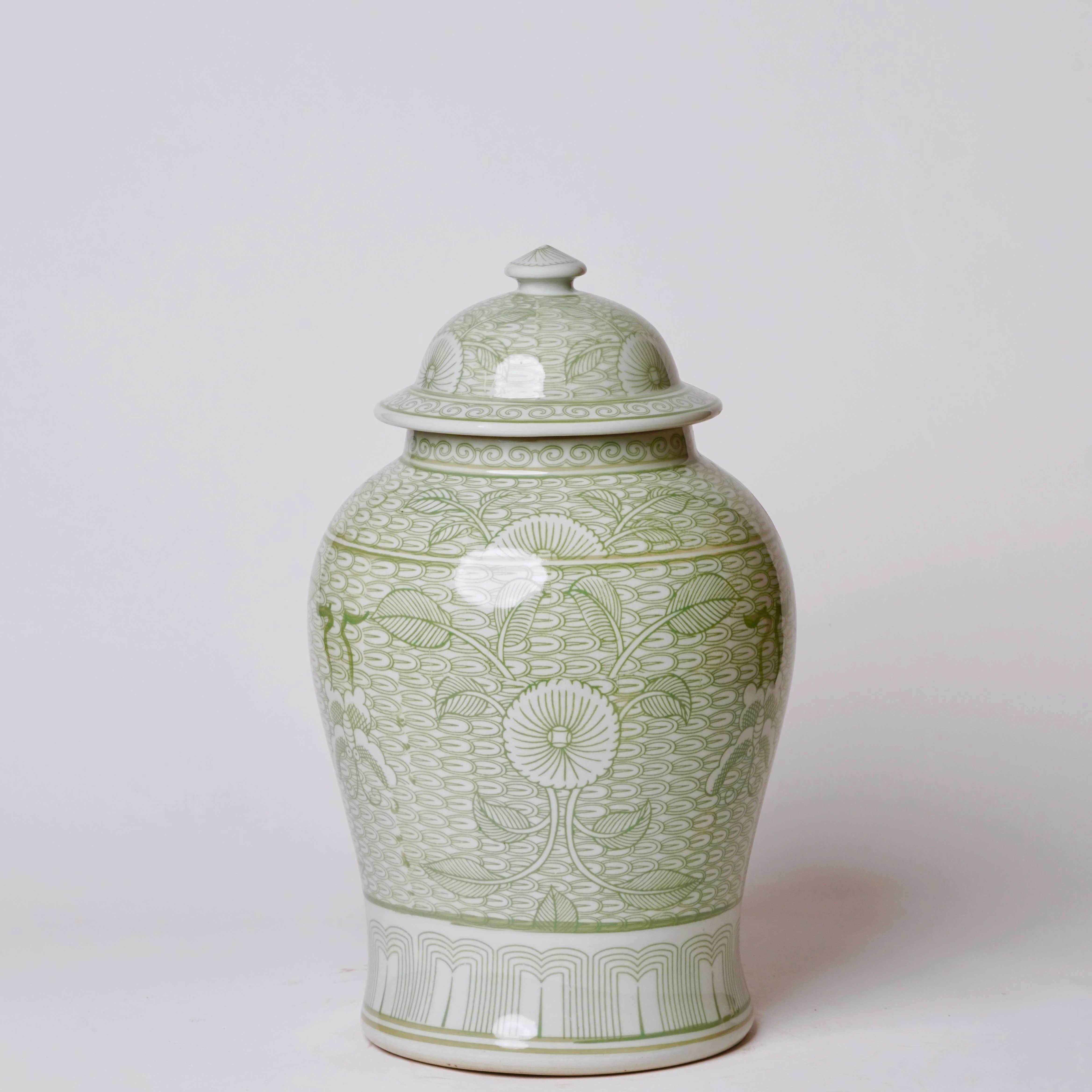 Deco Peony Green and White Porcelain Temple Jar - Image 2