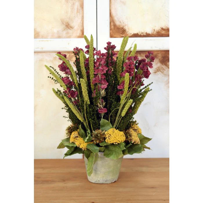 Delphiniums in Weathered Antique White Clay Pot