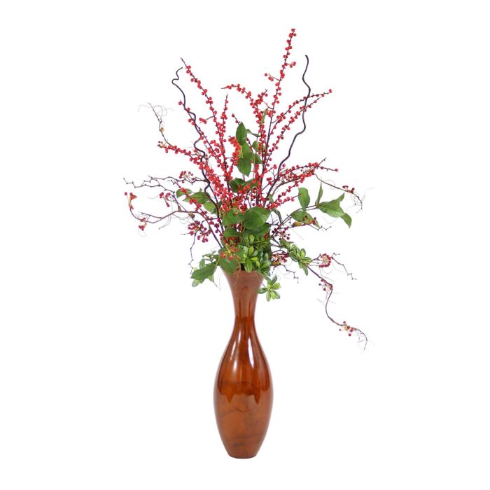 Faux Berries, Branches and Foliage in Stained Flared Wood Vase