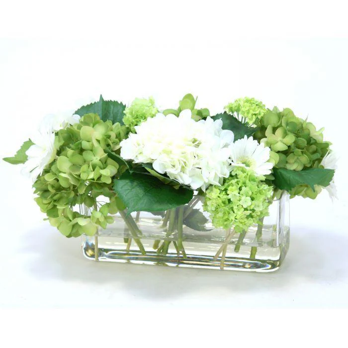Green and White Hydrangea Mix in Rectangle Vase