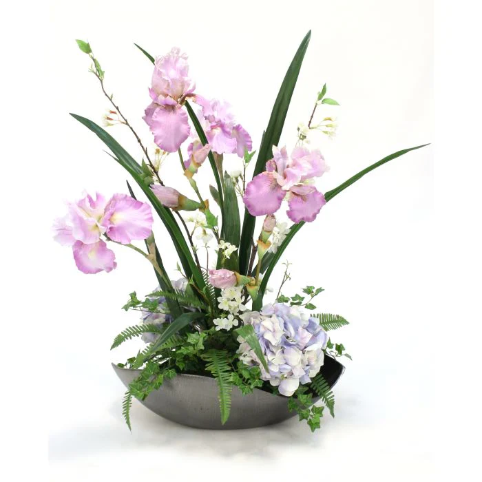 Lavender Iris with Hydrangeas in Cosmic Bowl