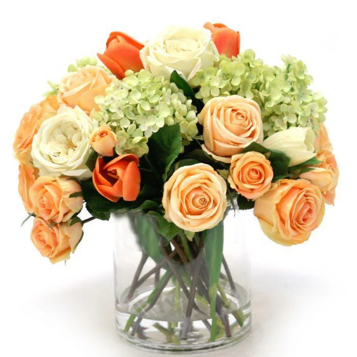Peach and Cream Green Mix of Tulips, Roses, and Hydrangeas in Glass Cylinder