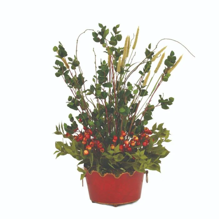 Red Berries, Bay leaves and Branches in Toleware