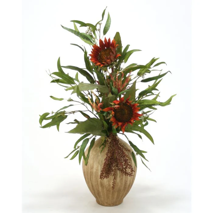 Velvet Sunflowers with Berries and Eucalyptus in Porcelain