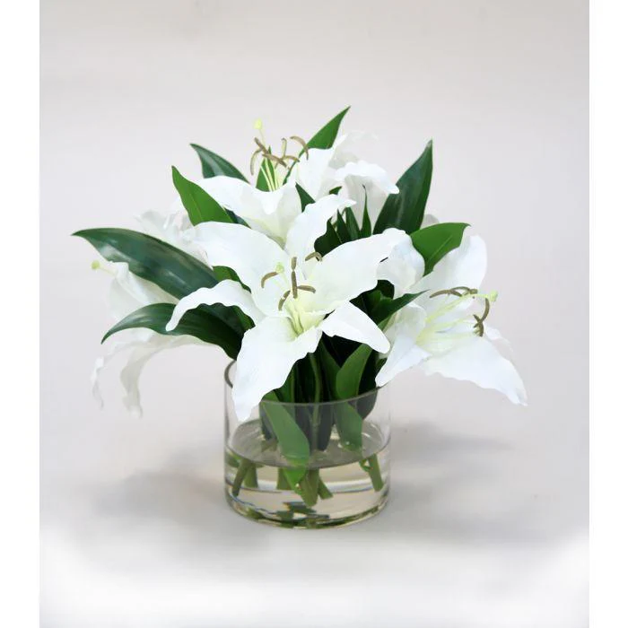 Waterlook® Cream-White Casablanca Lilies in Low Glass Cylinder
