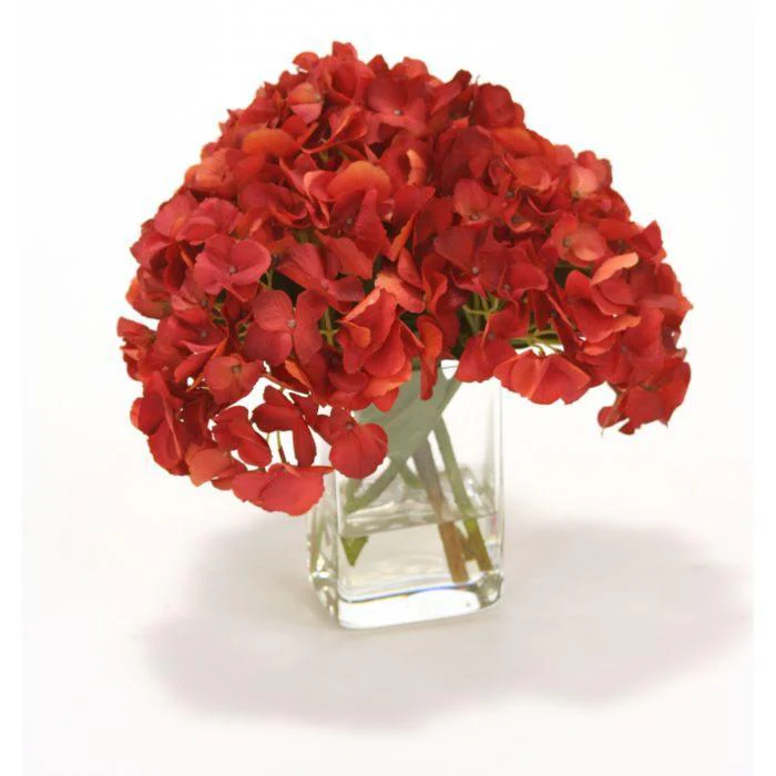 Waterlook® Dark Red Hydrangea in Square Glass Vase